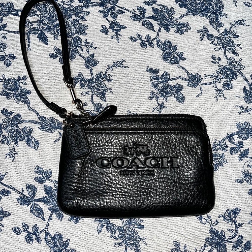 Coach Black Pebbled Leather Logo Wristlet with Detachable Strap
